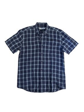 National Standard Short Sleeve Linen Navy Plaid Button-Up Shirt